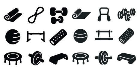 Poster - Collection of fitness equipment and accessories. The image is black and white. Scene is energetic and active
