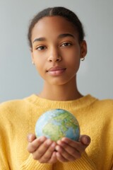 Poster - close-up of african-american teenager holding small globe in hands soft classroom background