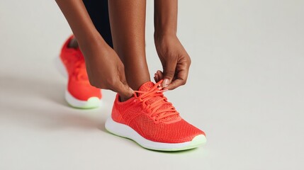 Poster - athlete tying shoelaces on sleek running shoes against plain background