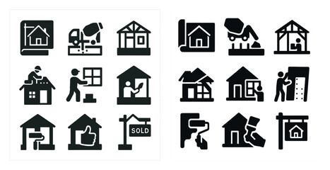 Poster - The first image shows a house under construction with a man in a hard hat. The second image shows a house under renovation with a man painting the house