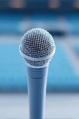 Poster - minimalistic close-up of shiny microphone on plain stage with empty seating visible in background representing anticipation