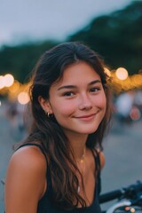 Poster - close-up of laughing young latina woman leaning on handlebars trees and streetlights softly blurred behind