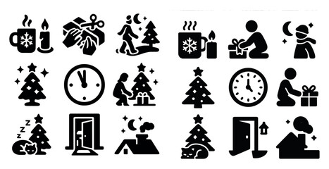 Poster - Collection of black and white icons depicting various aspects of Christmas. The icons include a person opening a door, a person giving a gift, a person sitting in a chair