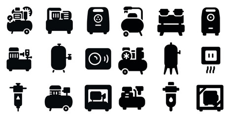 Poster - Collection of black and white icons for various appliances and tools. The icons include a car, a refrigerator, a toaster, a microwave, a sink, a toilet, a bed, a bedside table, a lamp, a heater