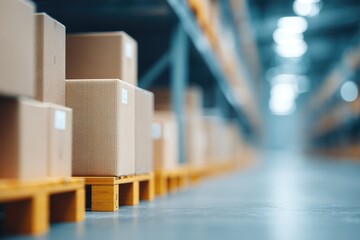 Poster - minimalistic warehouse scene with neatly stacked pallets and boxes creating sense of orderliness