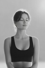 Poster - minimalistic composition of gymnast holding pose on mat bathed in soft natural light engaging in deep focus muscular