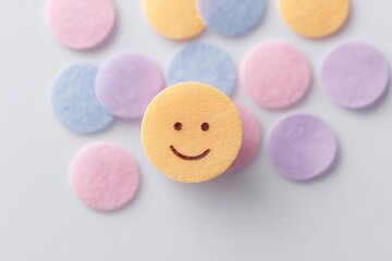 Poster - flat lay of colorful confetti scattered on white table with smiley face sticker in center copy space left