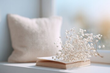 Poster - inviting nook with soft cushion and neatly folded book by window sunlit with soft light