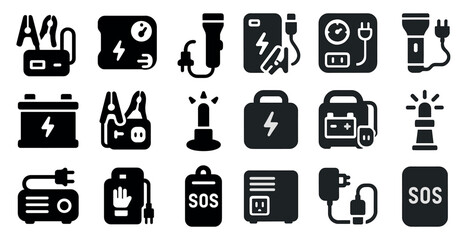 Poster - Collection of black and white icons for various tools and equipment. The icons include a wrench, a flashlight, a battery charger, and a first aid kit. Scene is practical and utilitarian