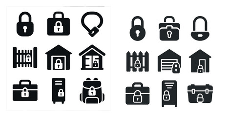 Poster - Set of icons for various types of locks. The icons include a padlock, a key, a combination lock, and a chain lock. Scene is one of security and protection