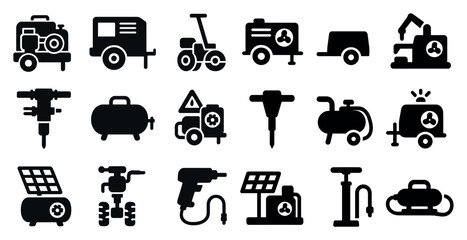 Poster - Collection of black and white icons for various tools and equipment. The icons include a hammer, a wrench, a drill, a gas tank, and a tire
