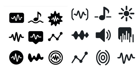 Poster - Collection of musical symbols and waveforms. The symbols include a sun, a moon, a star, a heart, a square, a circle, a triangle, a square with a triangle on it, a star with a triangle on it