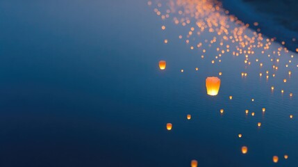 Poster - drone aerial view of glowing lanterns released into sky near riverbank reflection on water clear space