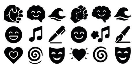 Poster - Collection of black and white emoticons, including a heart, a smiley face, and a musical note