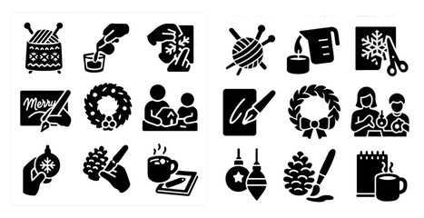 Poster - Collection of Christmas-themed icons, including a wreath, a cup of coffee, a pair of scissors, and a book. The icons are arranged in a grid, with some overlapping each other
