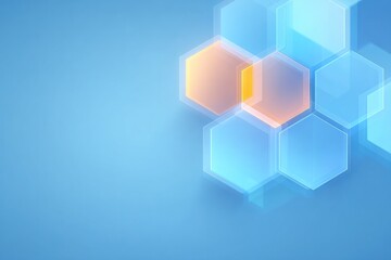 Poster - flat digital illustration of hexagons and parallelograms layered with transparency effects clean negative space top