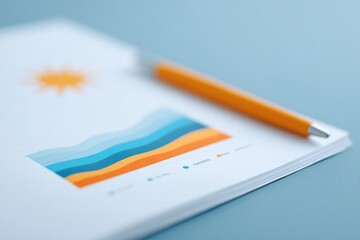 Poster - flat lay of investor report with graphs on green energy market beside pen and solar icon soft light