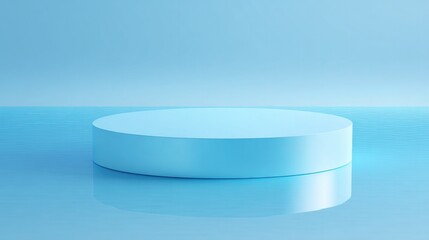 Poster - smooth round platform placed in shallow reflective water blue tones and clean background with copy space above