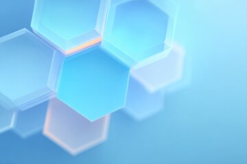 Poster - flat digital illustration of hexagons and parallelograms layered with transparency effects clean negative space top
