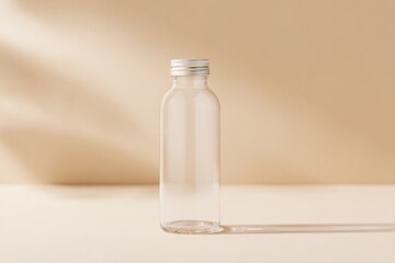 Poster - minimalist product shot of glass water bottle on beige background with subtle shadow