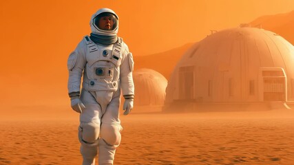 Wall Mural - lone astronaut walking on red planet surface near habitat modules during dust storm. white protectiv