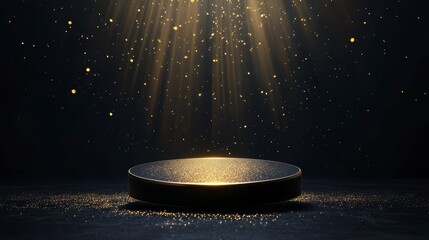 Canvas Print - Dark platform with golden light rays and glitter.