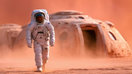 Wall Mural - astronaut in white spacesuit walking near futuristic habitat module on red dusty extraterrestrial la