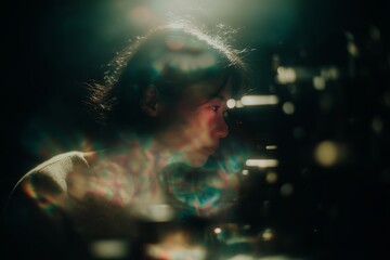 Poster - Woman in contemplative mood surrounded by reflections in a dimly lit environment at evening