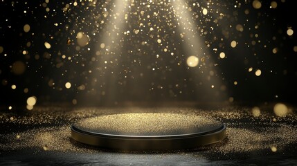 Wall Mural - dark background with golden glitter on a round platform, illuminated by spotlights.