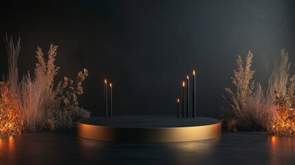 Wall Mural - dark moody scene with gold platform, black candles, and dried flowers.
