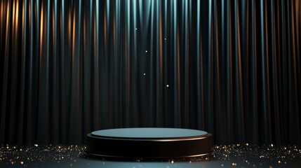Wall Mural - dark stage with round platform, gold and teal curtains, glitter.
