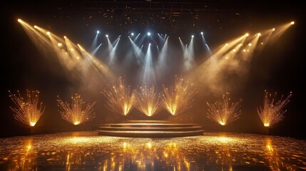 Wall Mural - empty stage with spotlights, fireworks, and golden floor.