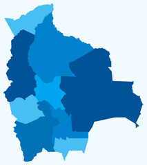 Poster - Map of Bolivia with regions. Just a simple country border map with region division. Light blue color palette. Blank Bolivia shape with administrative division. Vector illustration.