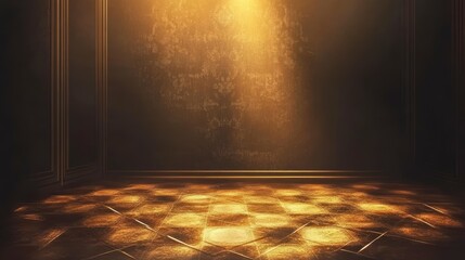 Wall Mural - dramatic spotlight illuminates a dark, opulent room with gold tiled floor and textured wall.