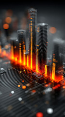 Poster - Futuristic digital cityscape with glowing orange skyscrapers and grid lines creating high tech atmosphere