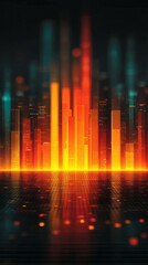 Poster - Futuristic bar graph with glowing orange and red digital columns over dark grid background creating vibrant technology