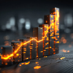 Poster - Futuristic bar graph with glowing orange line over digital grid background showing growth and technology innovation