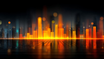 Poster - Glowing bar chart with futuristic lighting and vibrant orange and yellow colors creating dynamic digital cityscape effect