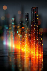 Poster - Glowing bar chart with futuristic lighting and colorful reflections on water surface creating vibrant atmosphere