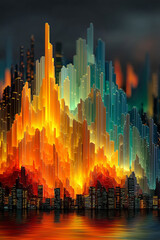 Poster - Colorful glowing city skyline with tall illuminated buildings reflecting on water at night