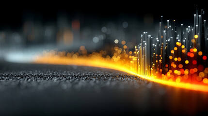 Poster - Glowing orange light with futuristic bokeh and vertical light bars on dark textured surface creating dynamic energy