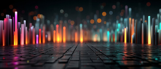 Poster - Glowing bar chart with futuristic lighting and colorful bokeh on dark background creating vibrant atmosphere
