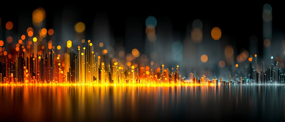 Poster - Glowing bar chart with futuristic lighting and vibrant orange and blue bokeh lights creating dynamic abstract cityscape effect