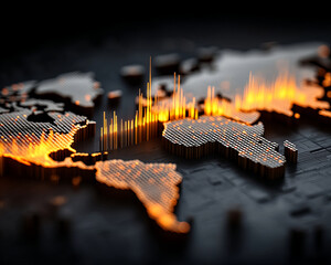 Poster - Digital world map with glowing orange heatmap graph showing data spikes and technology concept in dark background