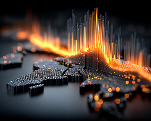 Poster - Digital heatmap with glowing orange data spikes on dark futuristic map surface showing technology and data flow visualization