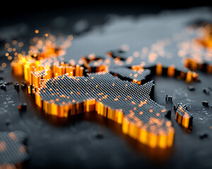 Poster - Digital map with glowing orange data points and hexagonal grid pattern showing technology and network concept
