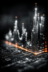Poster - Digital data visualization with glowing light points and vertical lines creating futuristic and dynamic technology concept