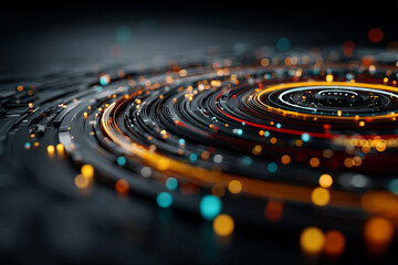 Poster - Futuristic technology interface with glowing circular data rings and dynamic light particles creating high tech digital effect