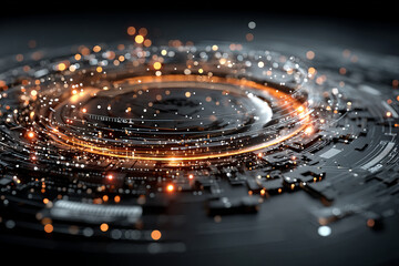 Poster - Futuristic technology interface with glowing orange radial data rings and digital circuit board elements creating dynamic high