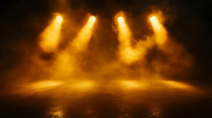 Wall Mural - three stage spotlights illuminate a smoky, dark room.